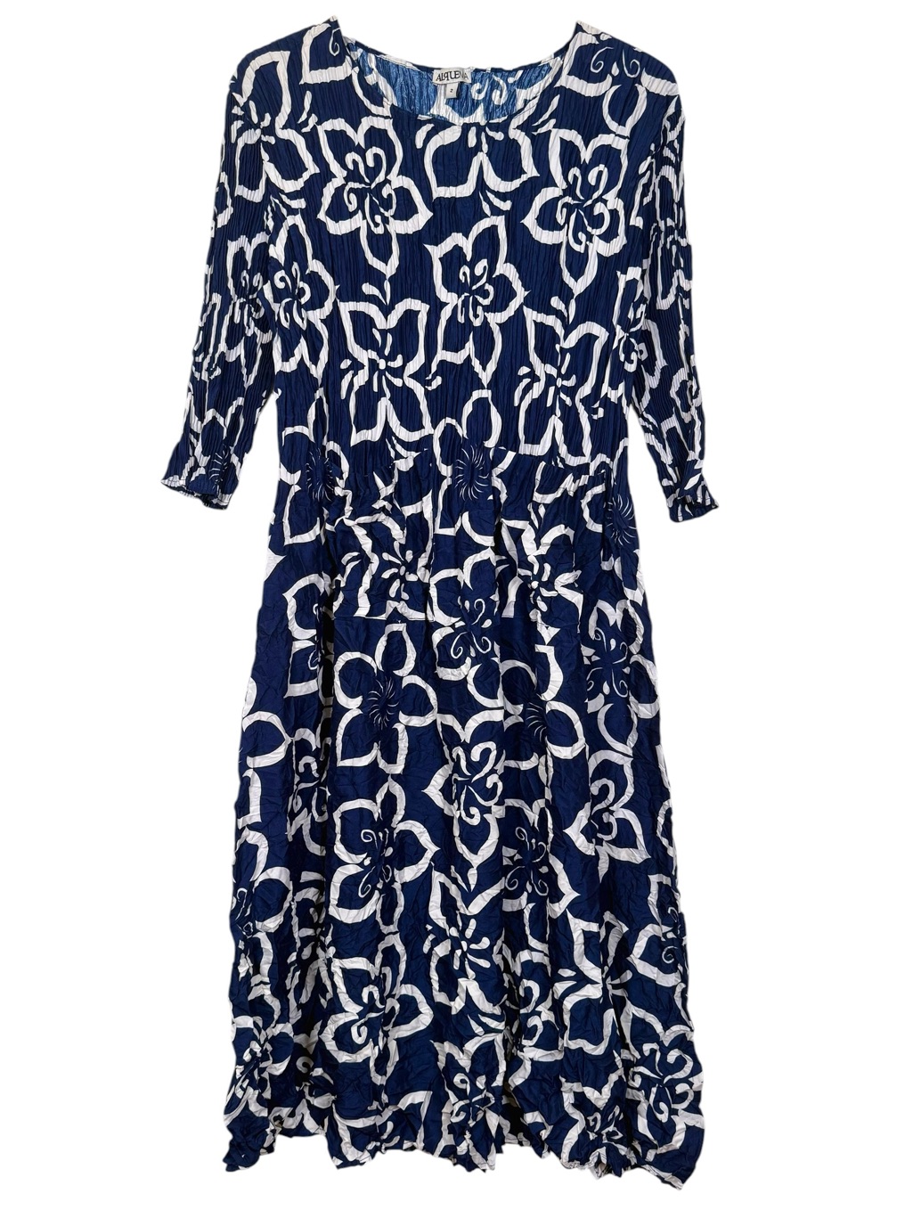 Alquema Size Us 10-14 Smash Pocket 3/4 Sleeve Midi Dress Blue & White Floral